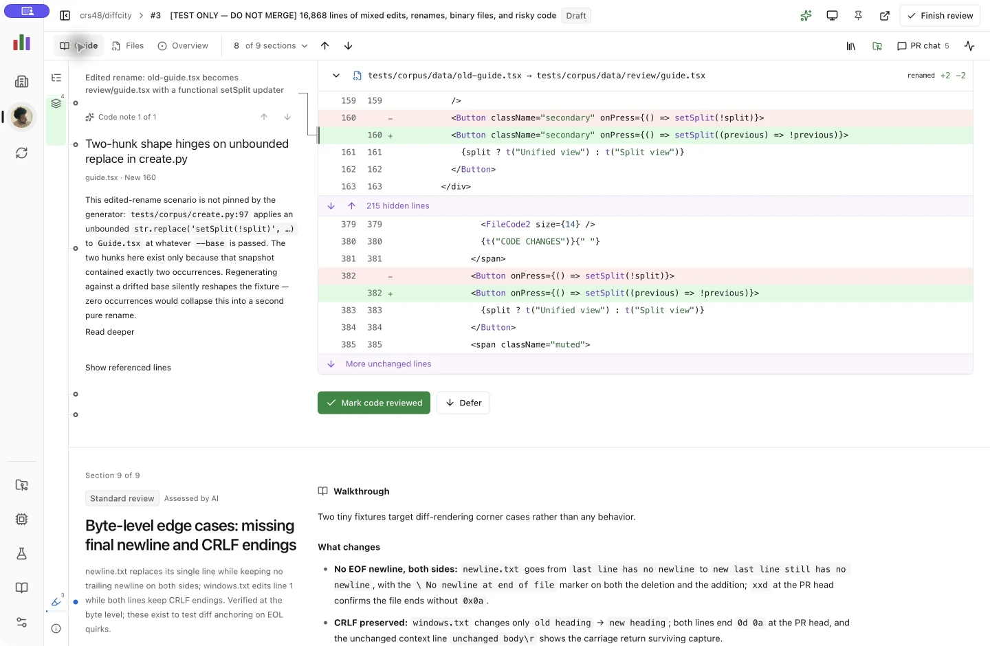 The full Diff City app showing a Claude Fable 5 guide to its mixed-edit sample PR, code notes beside the diff, and green reviewed sections in the guide rail.