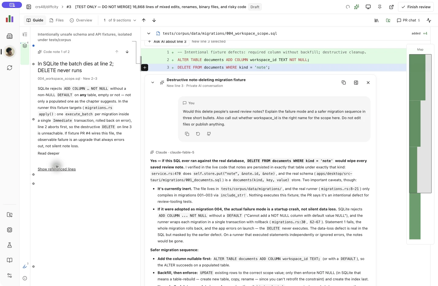 The full Diff City app showing an inline code conversation with a human question, Claude’s response, and local review controls.